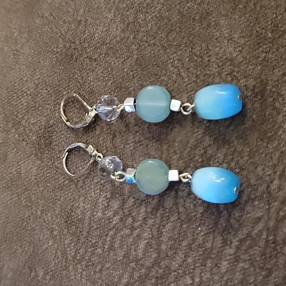 HANDMADE Baby Blue Glass Beaded Dangle Leverback Mermaidcore Earrings - Picture 2 of 4